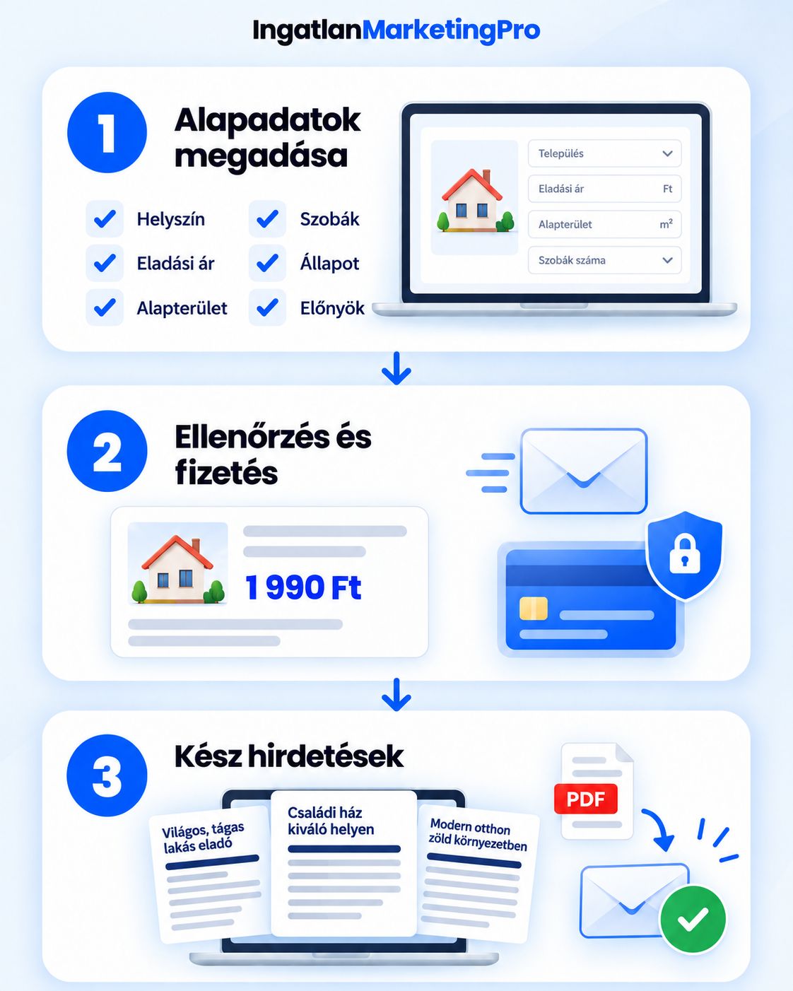 IngatlanMarketingPro 3 lépéses folyamat: 1. Alapadatok, 2. Fizetés, 3. Kész hirdetések