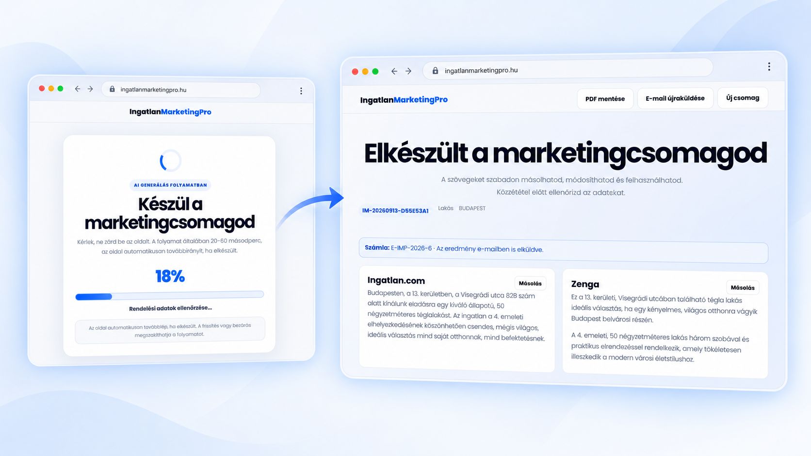 IngatlanMarketingPro kész marketingcsomag generálása és másolása