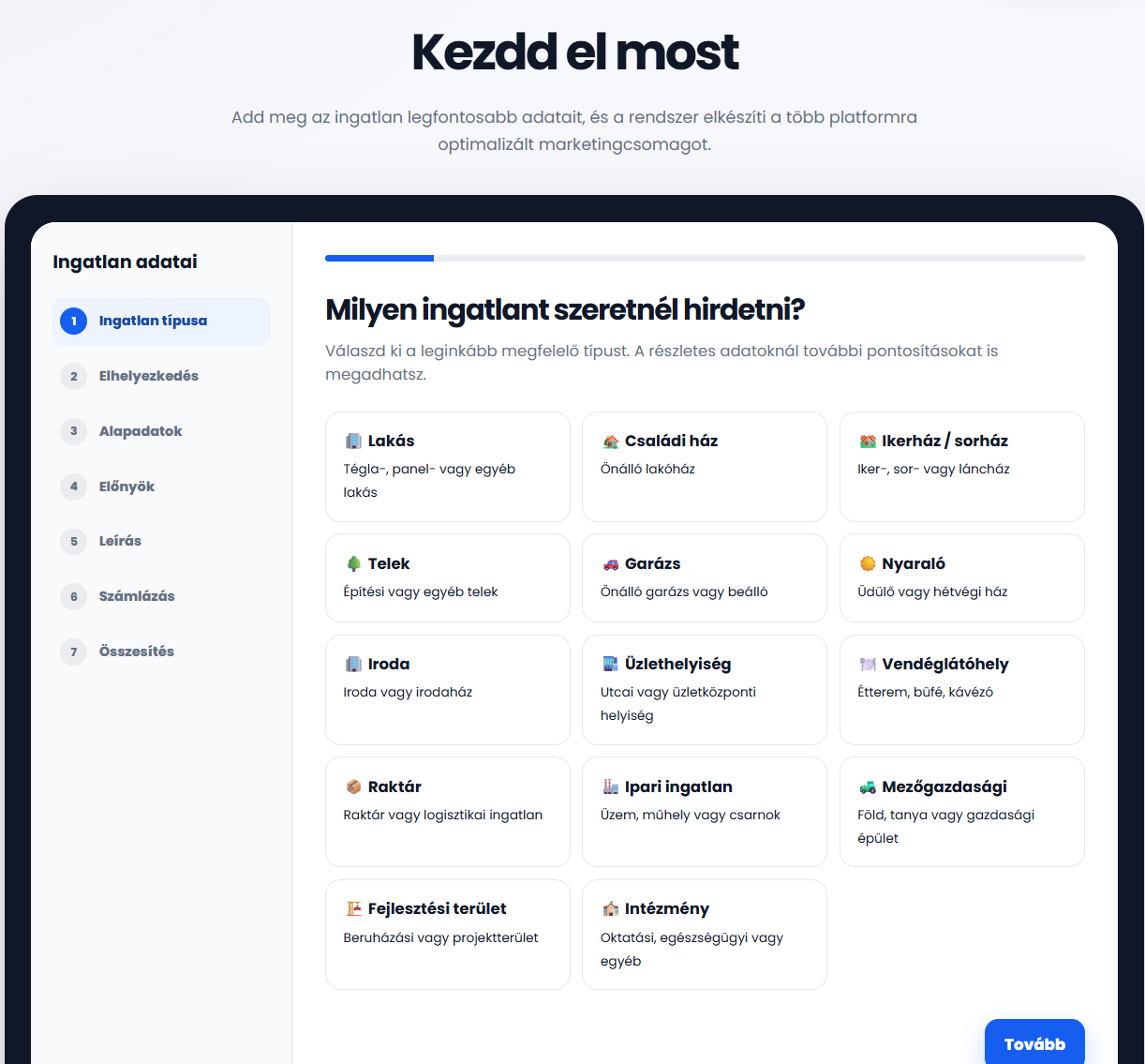 IngatlanMarketingPro űrlap nézet: lakás típus, alapadatok megadása